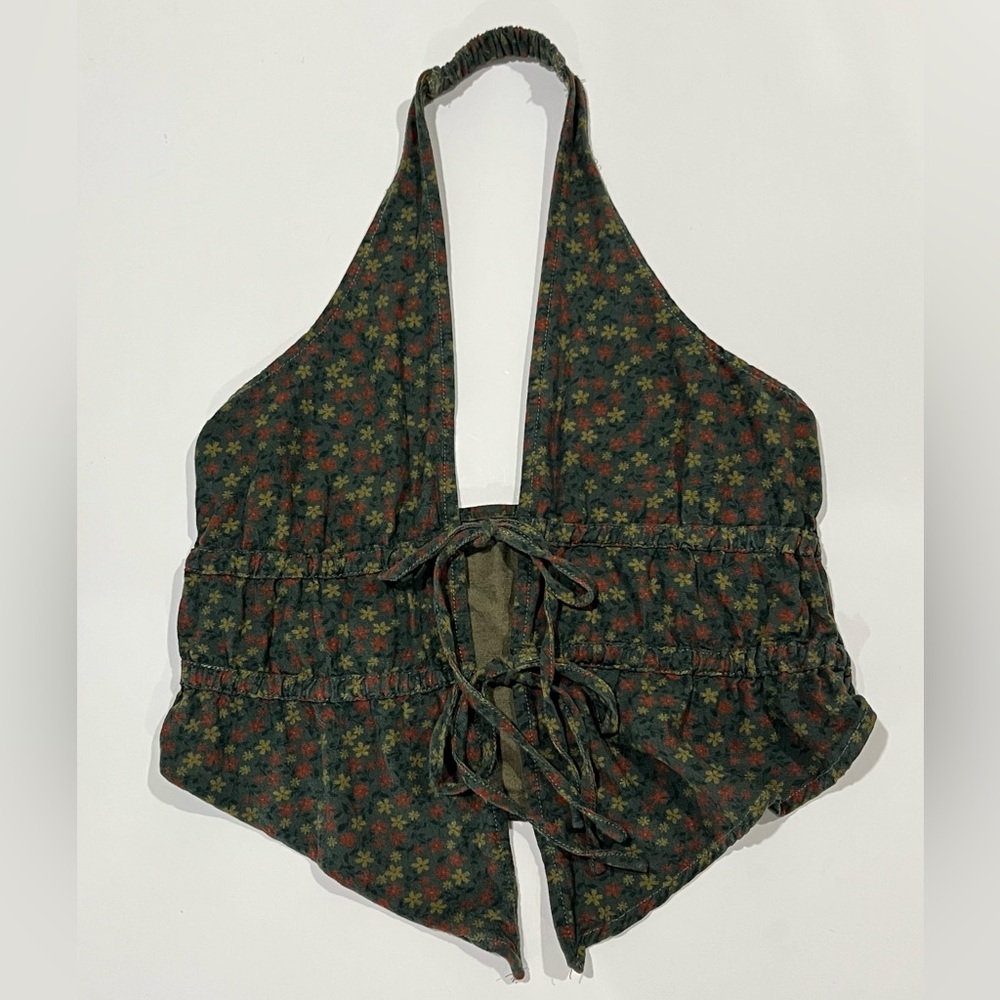 Cider Floral Halter Tie Front Tank Top Green Women's XS
